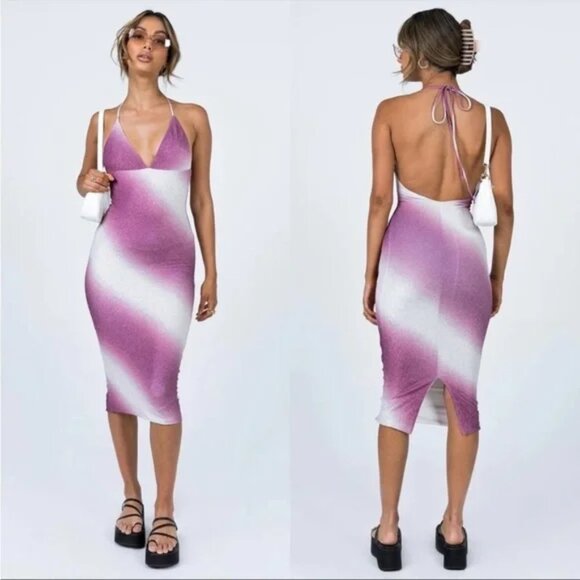 Princess Polly Alexa Sparkle Halter Midi Dress NWT Purple White Size 8 - Picture 1 of 7
